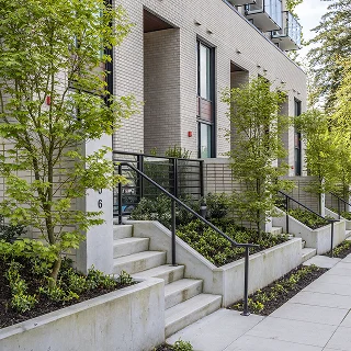 Concrete entry stairs with railings and planted beds at townhome entrances