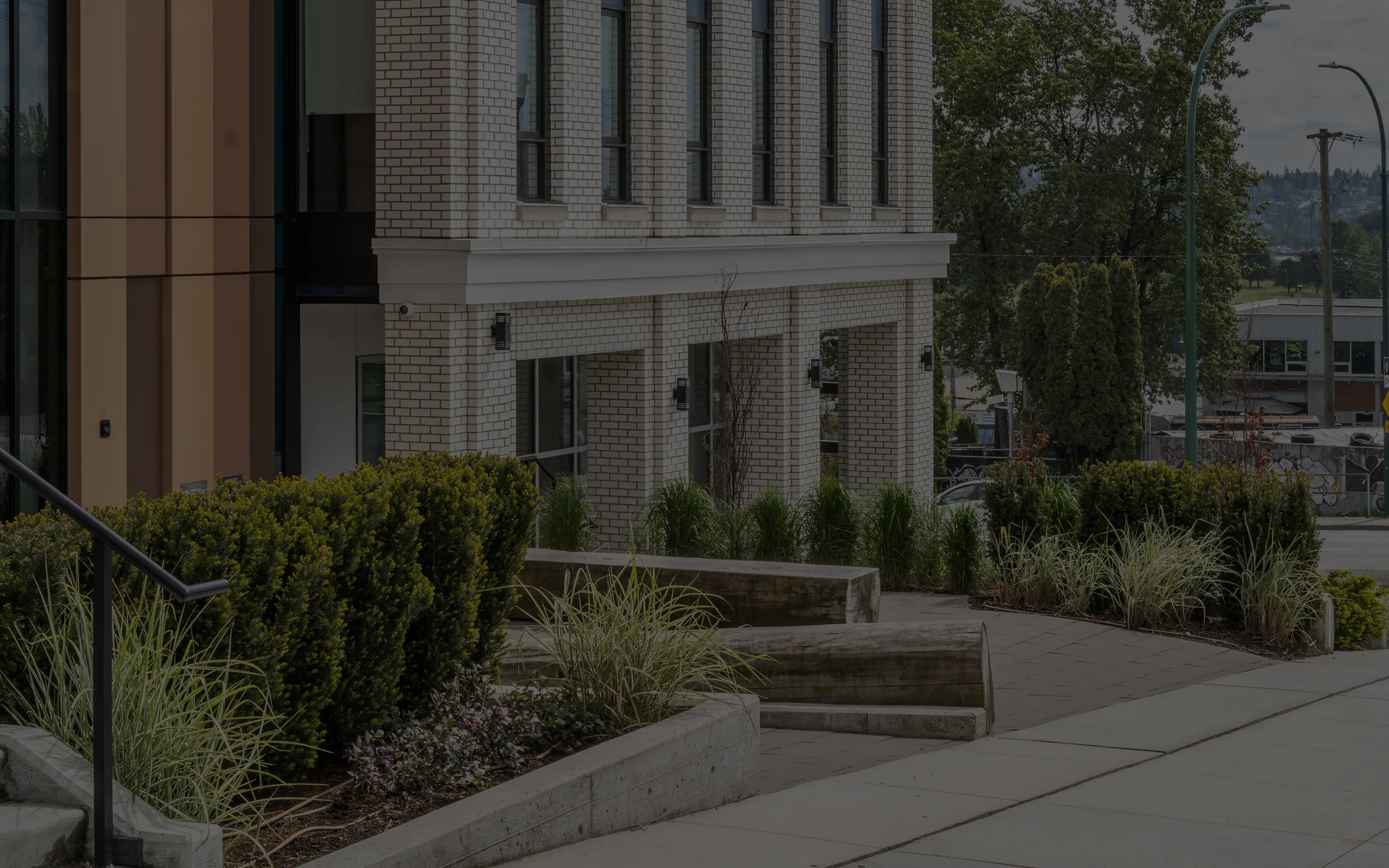 Raised planters and shrubs along the base of a residential building